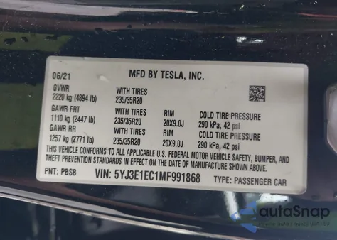 2021 Tesla Model 3 Performance Dual Motor All-Wheel Drive from USA, damaged, VIN 5YJ3E1EC1MF991868